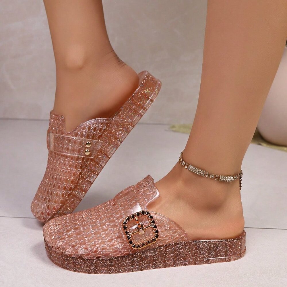 Baby Pink Casual Women's Jelly Flat Slippers with Glitter Buckle